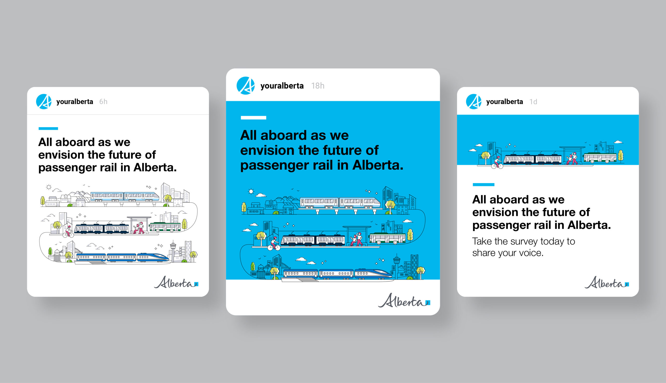 Three examples of social media posts for Alberta Passenger Rail Master Plan communications.